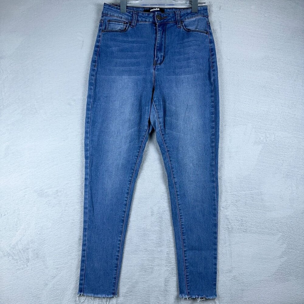Moda Jeans High Rise Skinny Denim Stretch Frayed Hem Ankle Womans Blue Size 13